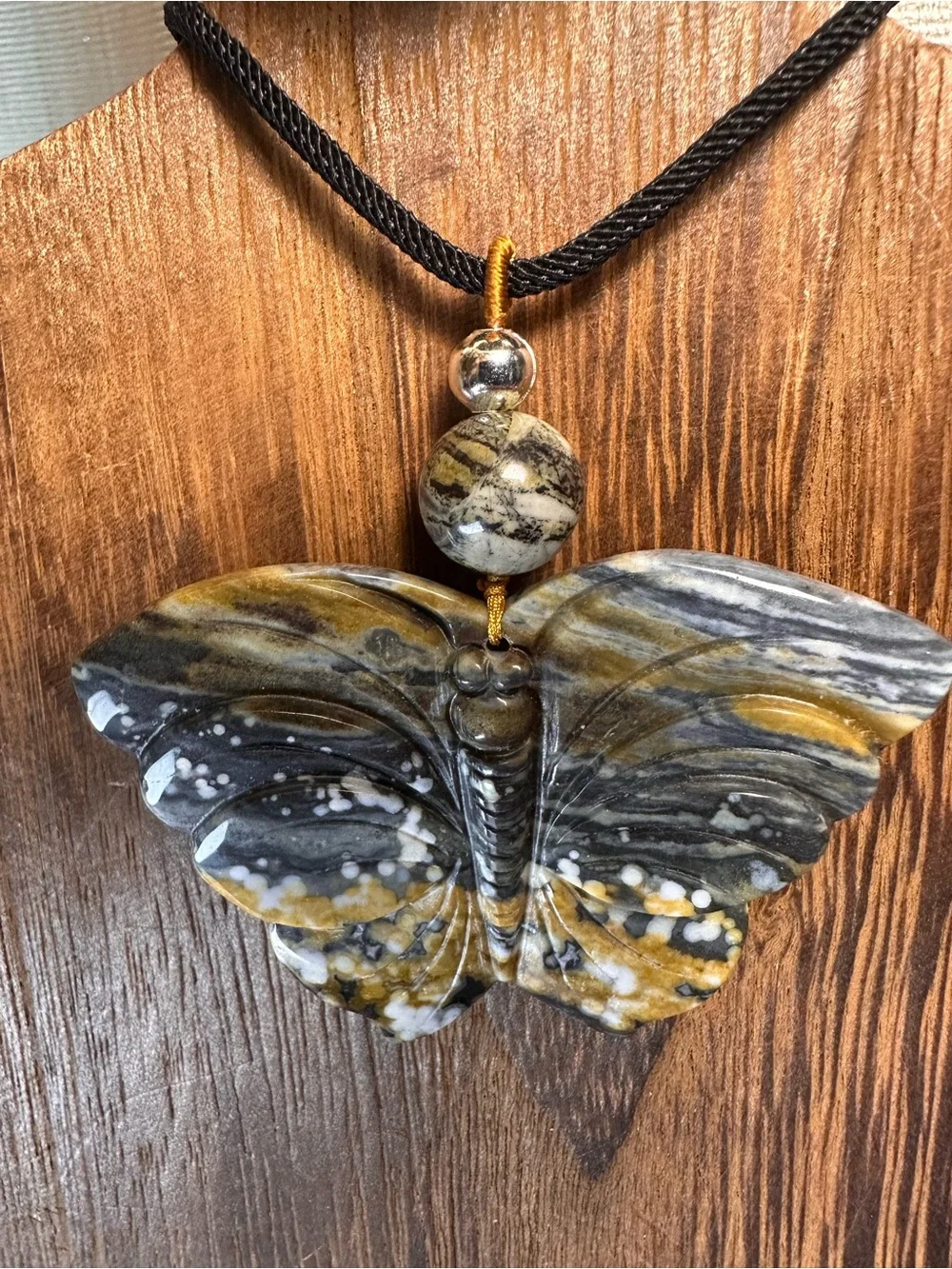 Handcrafted Ocean Jasper Butterfly Pendant Necklace-Green & Gold on Black Rope